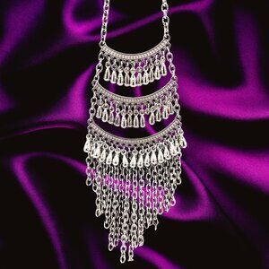 Silver Fringe Statement Necklace Bib Tassel Chain Necklace Boho Festival Jewelry